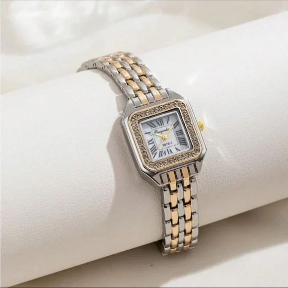 Luxurious Two Tone Chain Diamond Square Face Wrist Watch OS New - Picture 1 of 3